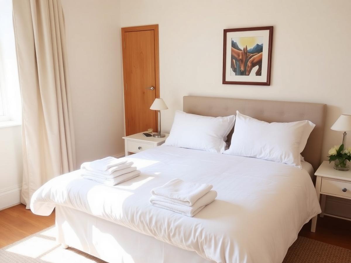 Freshly prepared short-let bedroom with crisp white linen and folded towels